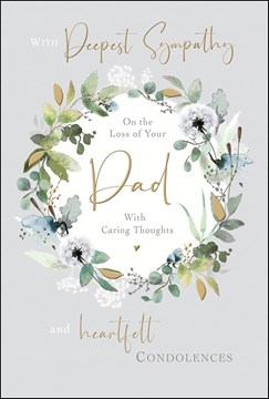 Jonny Javelin Loss Of Dad Sympathy Card - Floral Wreath with Gold Foil 7.25x5.5"