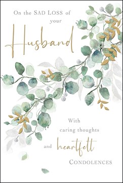 Jonny Javelin Loss of Husband Sympathy Card - Green Leaves Gold Foil 7.25x5.5"