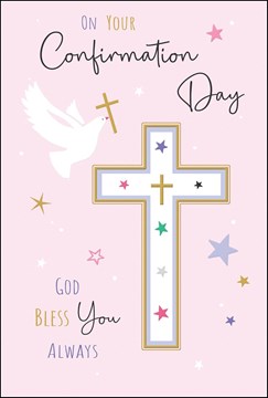 Confirmation Day Card - Pink with White Dove and Cross with Gold Foil 7.5x5.25"