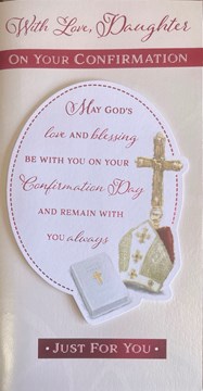Daughter Confirmation Day Card - Holy Bible Cross and Pink Foil 8.75x4"