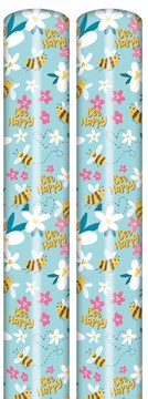 6m Gift Wrapping Paper 2x3m Roll Mint Green with Flowers and Bee Happy