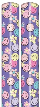 6m Children's Gift Wrapping Paper Roll - 2x3m - Smiley Faces and Flowers