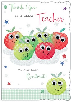 Thank You Teacher Greetings Card - Red & Green Apples With Stars 7.5" x 5.25"
