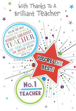 Thank You Teacher Greetings Card - Bright Pencil, Spots & Big Star 7.5" x 5.25"