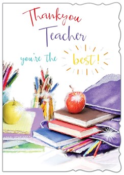 Thank You Teacher Greetings Card - Purple Bag, Stationary & Apples 7.5" x 5.25"