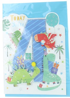 Age 4 Birthday Card - Dinosaurs with Googly Eyes and Silver Foil 7.75x5.25"