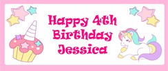 Personalised Landscape Party Banner - Pink Unicorn & Cake - Add Your Own Message