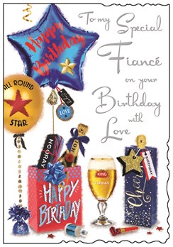 Jonny Javelin Fiancé Birthday Card - Beer Presents Balloons & Foil 9x6.25"