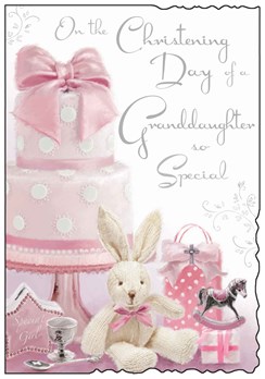 Jonny Javelin Granddaughter Christening Day Card - Pink Cake White Rabbit 9x6.25