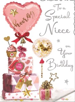 Jonny Javelin Niece Birthday Card - Pink Heart Balloon Presents & Foil 7.25x5.5"