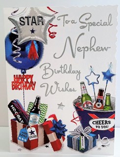 Jonny Javelin Nephew Birthday Card - Beer Ice Bucket Balloons and Foil 7.25x5.5"