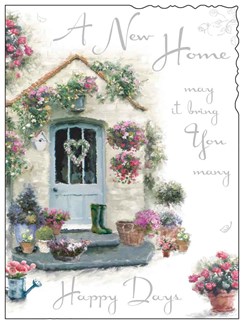 Jonny Javelin New Home Card - House with Wellies & Flowers Silver Foil 7.25x5.5"