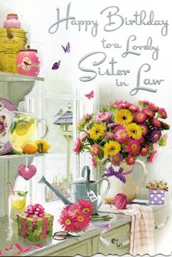 Jonny Javelin Sister-in-Law Birthday Card - Flowers in Kitchen with Foil 9x6.25"