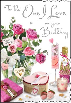 Jonny Javelin One I Love Birthday Card - Pink Flowers Champagne Silver Foil 9x6