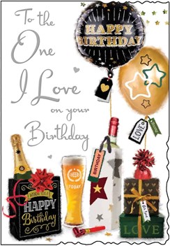 Jonny Javelin One I Love Birthday Card - Beer Wine Presents Balloons Foil 9x6.25