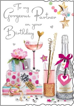 Jonny Javelin Partner Birthday Card - Pink Cocktail Champagne Silver Foil 9x6.25