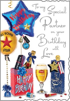 Jonny Javelin Partner Birthday Card - Beer Presents Balloons Silver Foil 9x6.25"