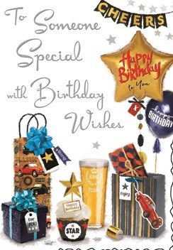 Jonny Javelin Someone Special Birthday Card -Beer Presents Balloons Foil 9x6.25"