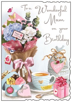 Jonny Javelin Mam Birthday Card - Bouquet of Flowers Lemon Tea and Foil 9x6.25"