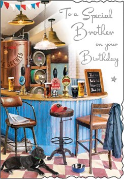 Jonny Javelin Brother Birthday Card - Dog in Micro Pub with Silver Foil 9x6.25" Jonny Javelin Brother Birthday Card - Dog in Micro Pub with Silver Foil 9x6.25"