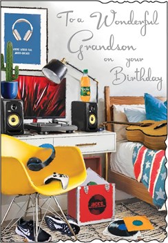 Jonny Javelin Grandson Birthday Card Guitar on Bed Vinyl's Music & Foil 9x6.25"
