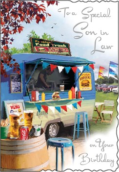 Jonny Javelin Son-in-Law Birthday Card - Beer & Burger Van Silver Foil 9x6.25"
