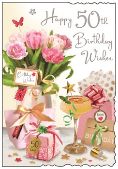 Jonny Javelin 50th Birthday Card - Pink Flowers Lemon Cocktail & Foil 9x6.25"