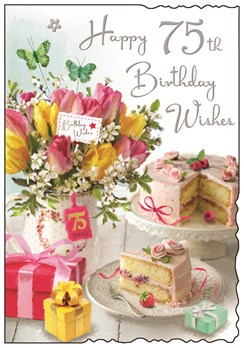 Jonny Javelin 75th Birthday Card - Age 75 Pink Yellow Tulips Cake & Foil 9x6.25"