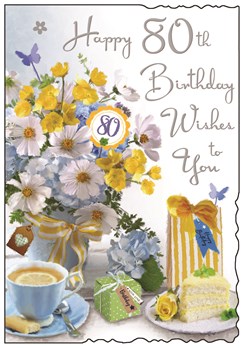 Jonny Javelin 80th Birthday Card - Age 80 Yellow Blue White Flowers Cake 9x6.25"