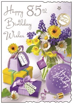 Jonny Javelin Age 85 Birthday Card - 85th Birthday Purple Yellow Flowers 9x6.25