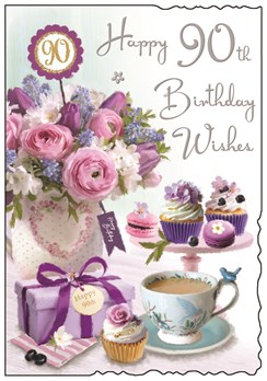 Jonny Javelin Age 90 Birthday Card - 90th Birthday Pink & Lilac Flowers 9x6.25" Jonny Javelin Age 90 Birthday Card - 90th Birthday Pink & Lilac Flowers 9x6.25"