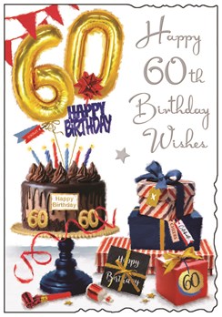 Jonny Javelin 60th Birthday Card - Age 60 Cake with Red & Blue Presents 9x6.25"