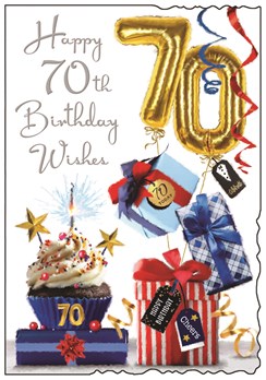 Jonny Javelin 70th Birthday Card - Age 70 Cupcake Presents Silver Foil 9x6.25