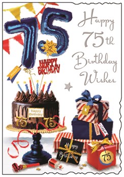 Jonny Javelin 75th Birthday Card - Age 75 Cake with Blue and Red Presents 9x6.25