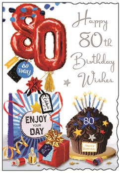 Jonny Javelin 80th Birthday Card - Age 80 Cake Red Present Balloons Foil 9x6.25"