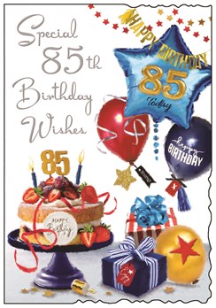 Jonny Javelin Age 85 Birthday Card - 85th Birthday Cake Blue Red Balloons 9x6.25