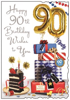 Jonny Javelin 90th Birthday Card - Age 90 Red Blue Presents Silver Foil 9x6.25"
