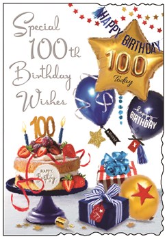 Jonny Javelin Age 100 Birthday Card - 100th Birthday Cake Blue Balloons 9x6.25"