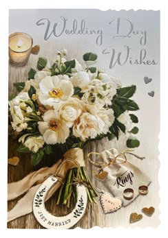 Jonny Javelin Wedding Day Card - Tied Flowers Horseshoe Rings & Foil 9x6.25"