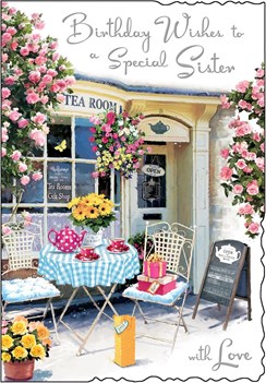 Jonny Javelin Sister Birthday Card - Tea Room Pink Yellow Flowers & Foil 9x6.25"