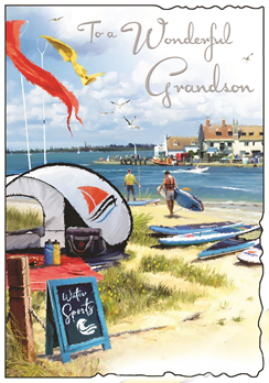 Jonny Javelin Grandson Birthday Card - Seaside Water Sports Silver Foil 9x6.25"