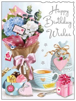 Jonny Javelin Female Birthday Card - Flower Bouquet Tea Chocolates Foil 7.25x5.5