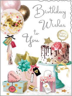 Jonny Javelin Open Female Birthday Card - Drip Cake Presents & Balloons 7.25x5.5