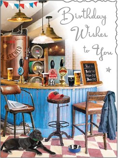 Jonny Javelin Open Male Birthday Card - Dog at Real Ale Bar & Silver Foil 7.25x5