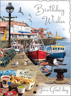 Jonny Javelin Open Male Birthday Card - Scenic Seaside Fishing Boats 7.25x5.5"