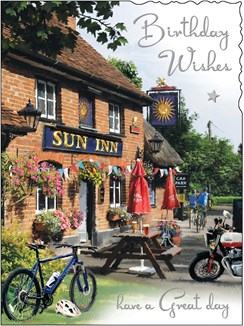 Jonny Javelin Open Male Birthday Card - Scenic Pub Beer Garden 7.25x5.5