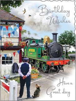 Jonny Javelin Open Male Birthday Card Scenic Steam Train Conductor Dog 7.25x5.5 Jonny Javelin Open Male Birthday Card Scenic Steam Train Conductor Dog 7.25x5.5