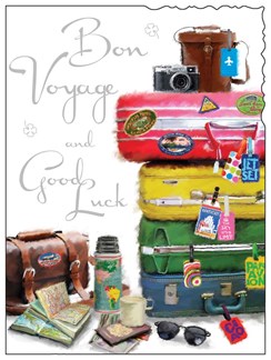 Bon Voyage Good Luck Card - Suitcases Flask Map & Camera Silver Foil 7.5x5.25" Bon Voyage Good Luck Card - Suitcases Flask Map & Camera Silver Foil 7.5x5.25"