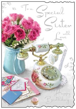 Jonny Javelin Sister Birthday Card - Telephone and Flowers Silver Foil 9x6.25"