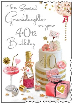 Jonny Javelin Granddaughter 40th Birthday Card - Cake Champagne Glitter 9x6.25"